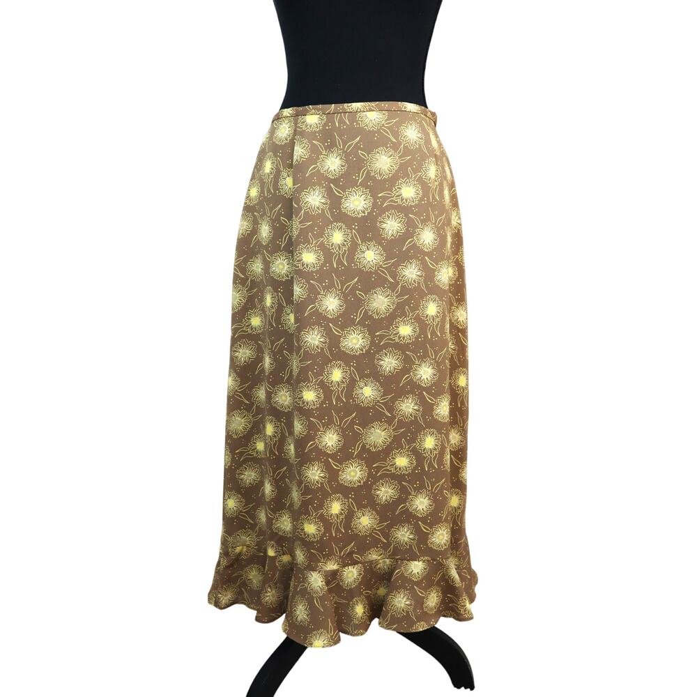 Vintage 90s Y2K Judith Hart Brown & Yellow Midi Skirt Ruffle Hem Floral Flowy 12